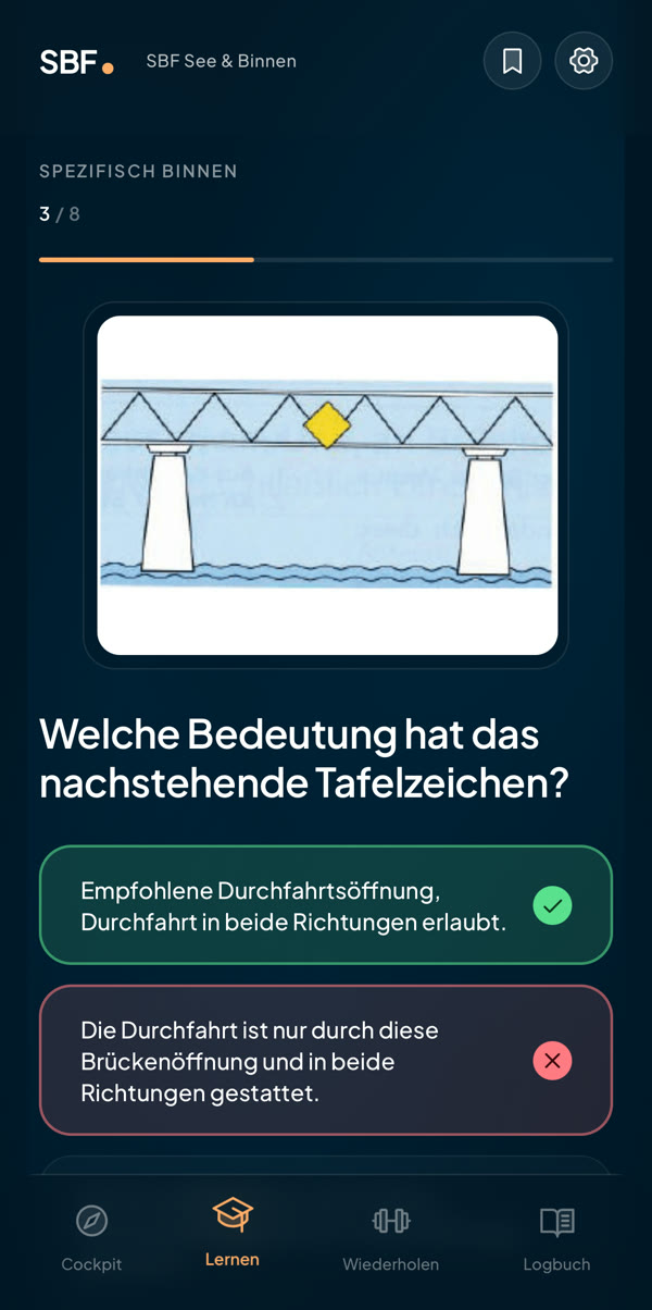 SBF Master Lernkarte mit Antwort-Feedback